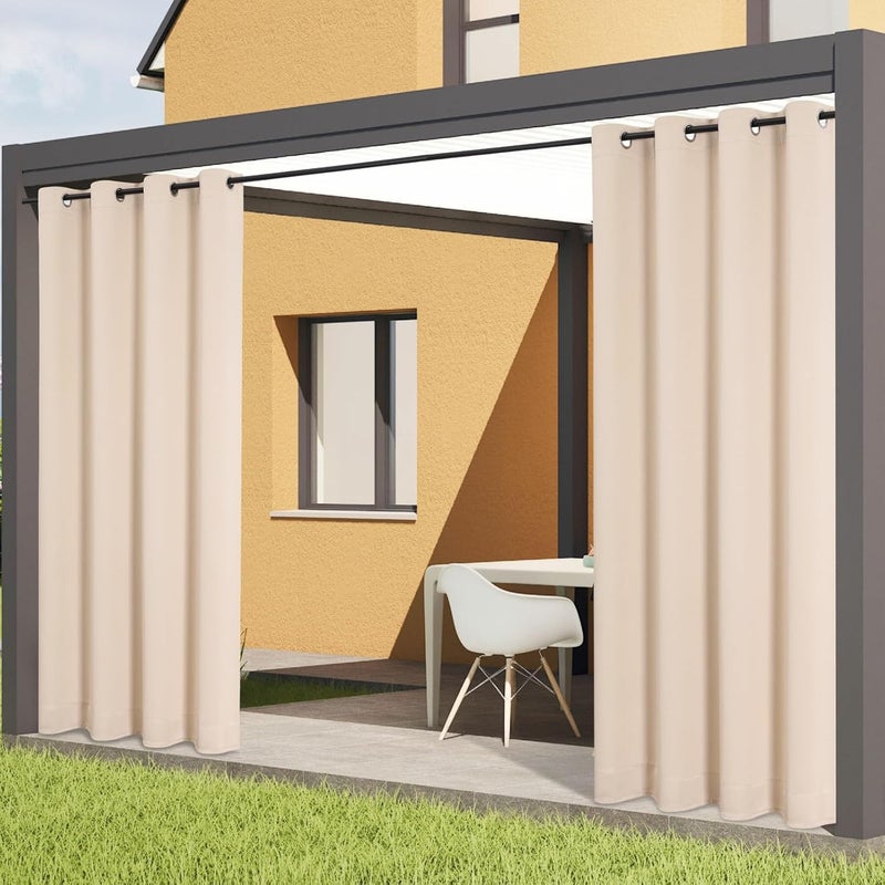 Flyfun Outdoor Curtains for Patio Waterproof - Weatherproof Porch & Gazebo Curtains, Grommet Top and Tab Bottom Drape,2 Panel, 52" W x 84" L, Beige - Image 2